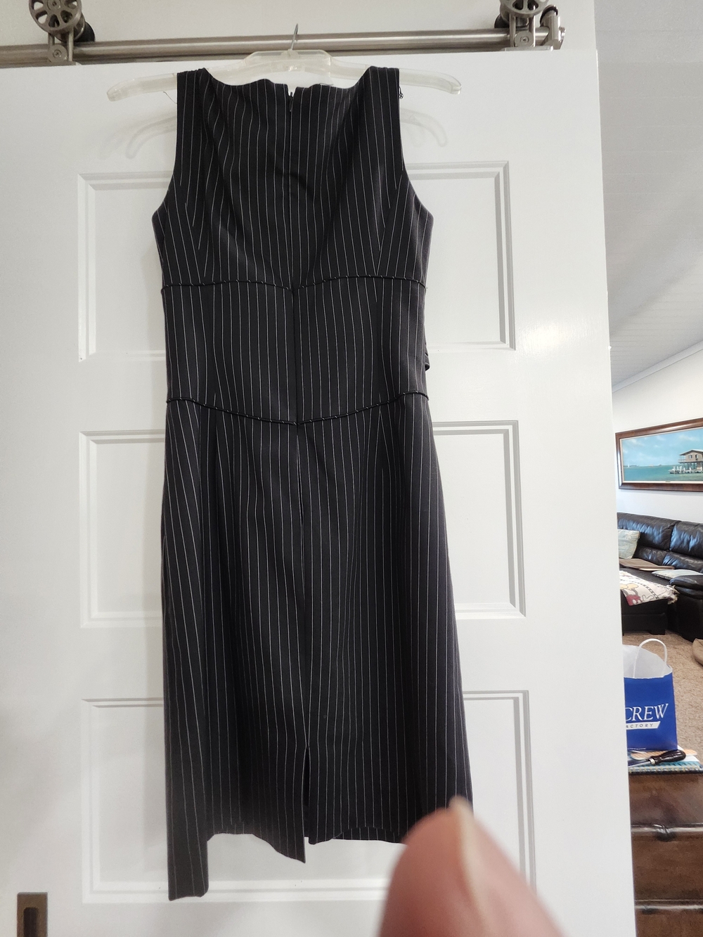 ANTONIO MELANI Black Pinstripe Midi Sheath Dress with Decorative Faux Belt - Picture 2 of 5